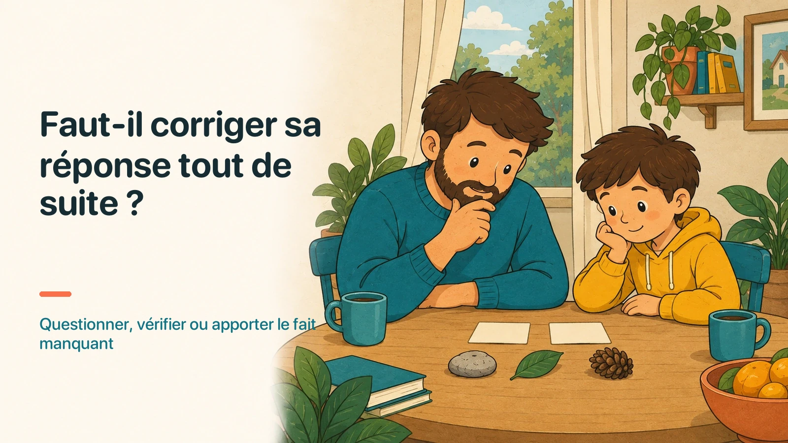 Un parent et son enfant examinent ensemble un indice concret avant de décider s'il faut corriger.