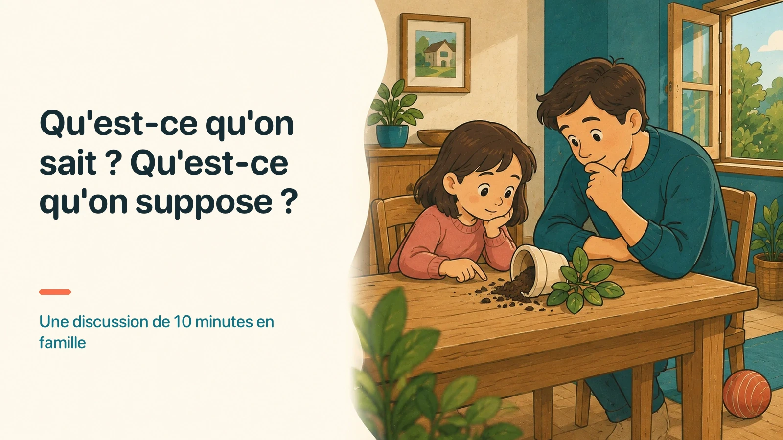 Un objet cassé sans responsable visible sert de point de départ à une discussion entre parent et enfant.