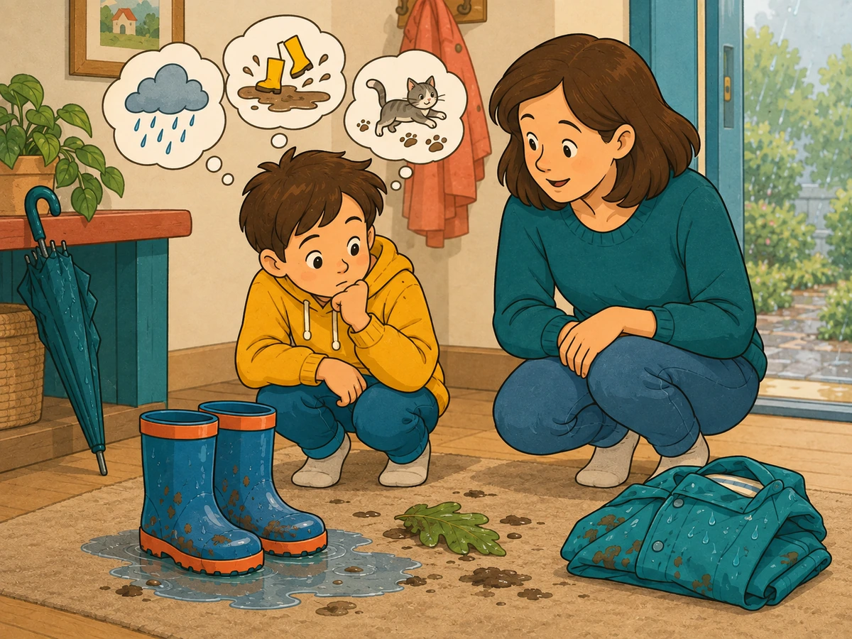 Des bottes mouillées et plusieurs indices invitent l'enfant à proposer différentes explications possibles.