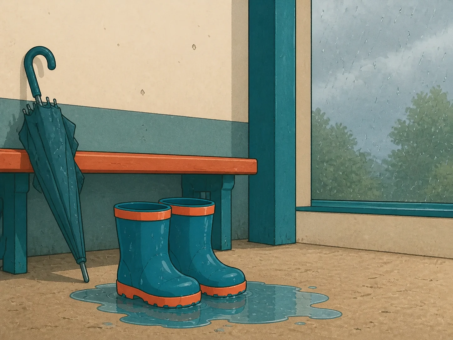 Des bottes mouillées et plusieurs indices invitent l'enfant à proposer différentes explications possibles.