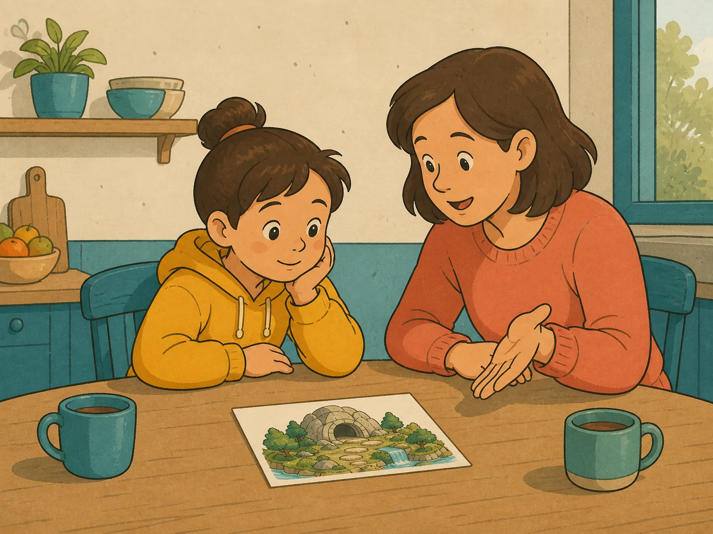 Le parent et l'enfant échangent leurs points de vue côte à côte après un temps de réflexion personnelle.