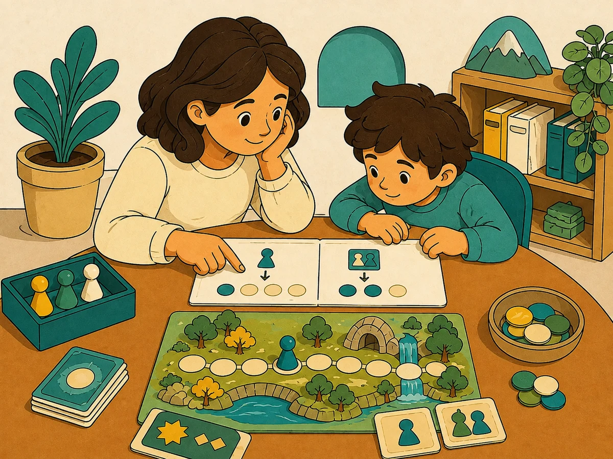Un parent et son enfant examinent ensemble deux interprétations possibles d'une règle de jeu.
