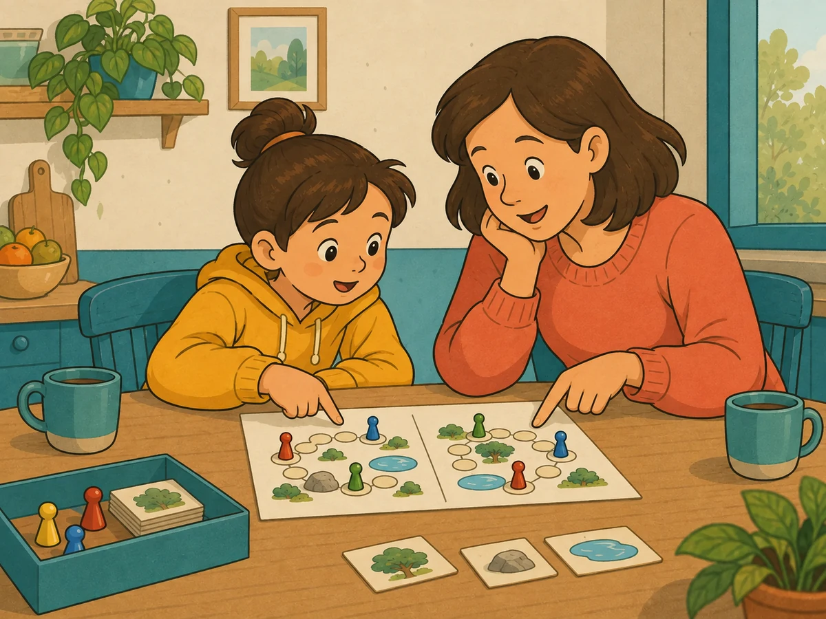 Un parent et son enfant examinent ensemble deux interprétations possibles d'une règle de jeu.