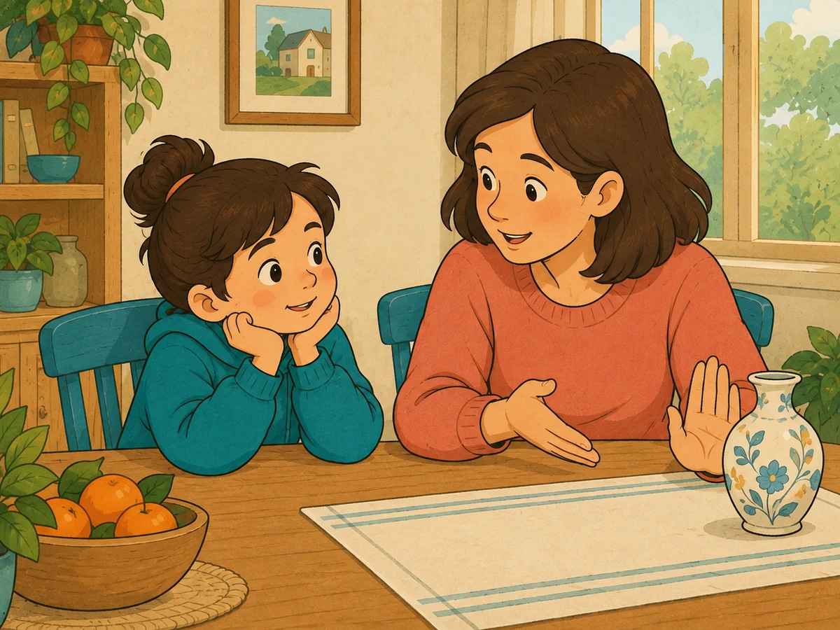 Un parent pose une limite avec calme tout en maintenant l'enfant inclus dans l'échange familial.