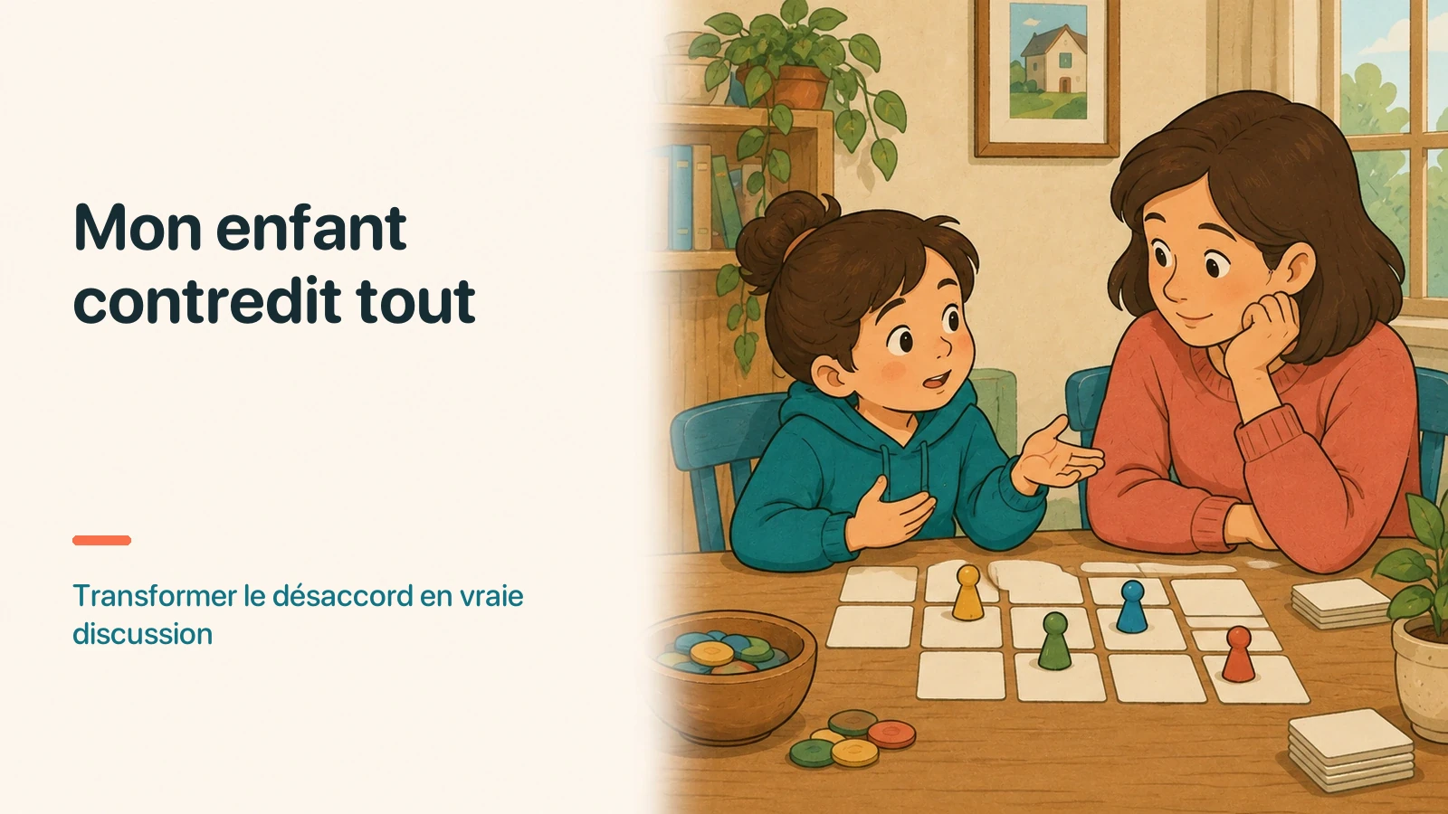 Un parent et son enfant observent calmement une règle de jeu sur laquelle leurs avis diffèrent.