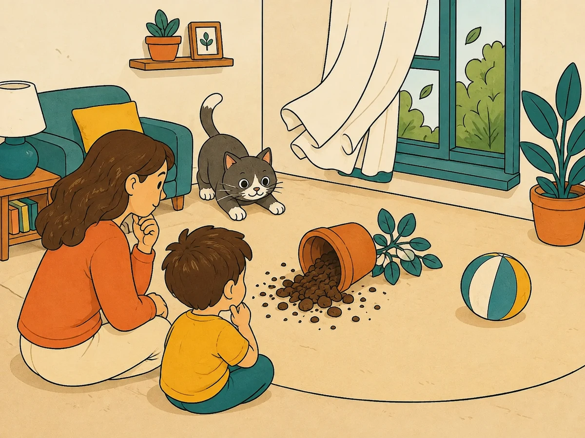 Un parent et son enfant observent un pot renversé, un chat, un ballon et une fenêtre ouverte pour envisager plusieurs explications.