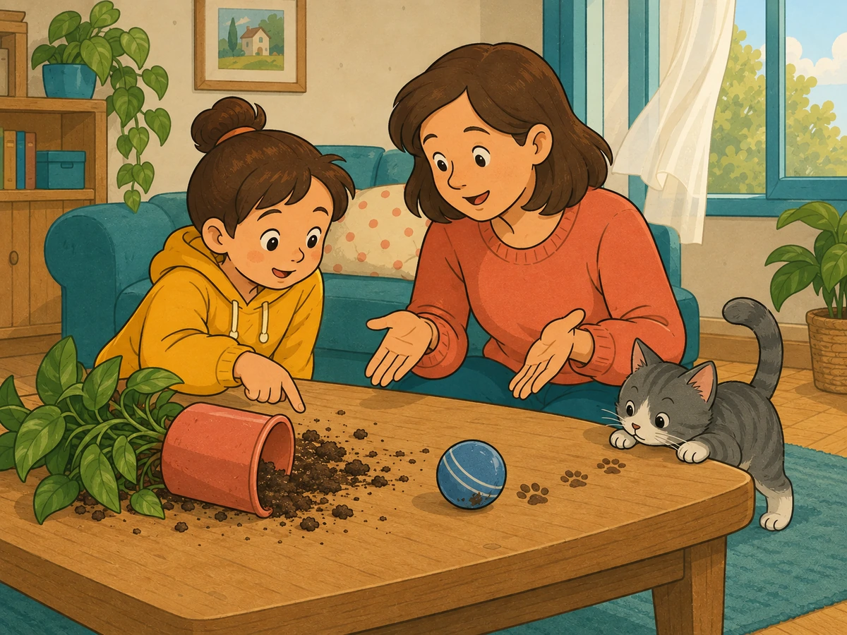 Un parent et son enfant observent un pot renversé, un chat, un ballon et une fenêtre ouverte pour envisager plusieurs explications.