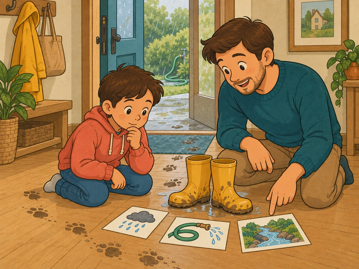 Des bottes mouillées et plusieurs indices permettent d'imaginer différentes causes sans trancher trop vite.