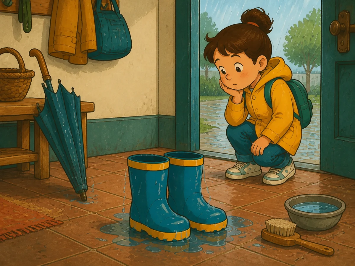 Des bottes mouillées et plusieurs indices permettent d'imaginer différentes causes sans trancher trop vite.