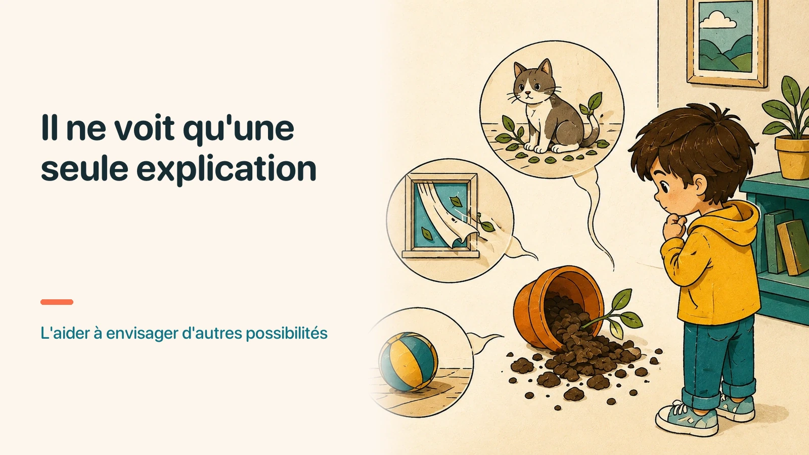 Un même indice mène vers trois explications possibles pendant qu'un enfant observe la scène.