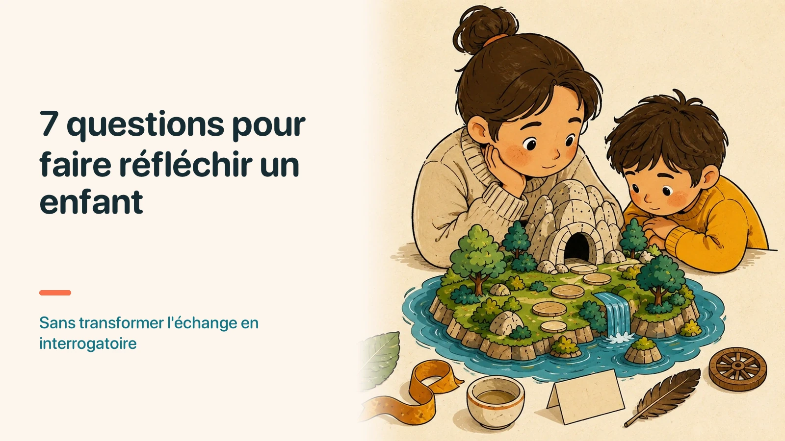 Un parent et son enfant observent ensemble plusieurs indices autour d'une situation du quotidien.