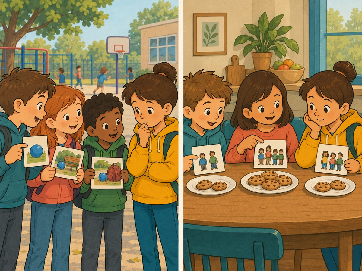Deux scènes du quotidien évoquent une rumeur entre enfants et une situation de partage jugée injuste.