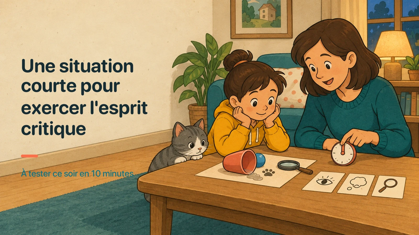 Un parent et son enfant observent une scène très simple composée de trois éléments du quotidien.